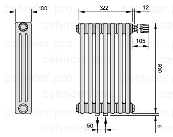 Схема (чертеж) Радиатор Zehnder Charleston 3090/7 №V008 Белый глянцевый RAL 9016